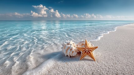 Close-up of seashells and starfish on white sandy Florida beach, shallow clear water visible nearby