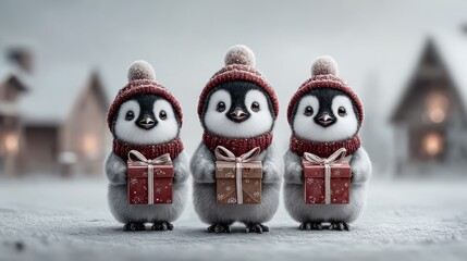 Adorable penguins dressed as elves carrying Christmas gifts across a snowy arctic village, festive mood with blank space