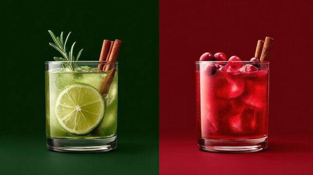 Festive holiday cocktail menu with red and green accents, cinnamon sticks, and seasonal drink names