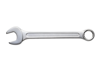 A metallic wrench against a black background.