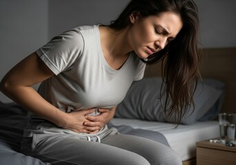 Fototapeta premium A young brunette woman sitting on her bed in the morning, clutching her stomach due to severe abdominal pain, menstrual cramps or indigestion.