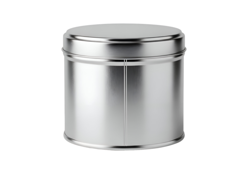 Metallic cylindrical container with lid.