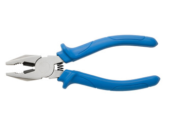 Blue-handled pliers with serrated jaws.