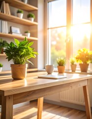 Fototapeta premium Bright Sunlight Illuminates Home Office Desk with Potted Plant and Window View