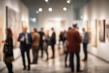 Out-of-focus modern art gallery with visitors viewing large framed artworks under warm lighting, ideal for cultural event, museum branding, or creative exhibition background