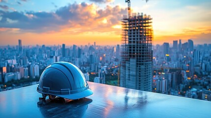 Labor Day, Yellow Hard Hat, Construction Industry, Urban Construction Site Background, Safety Protection Symbol