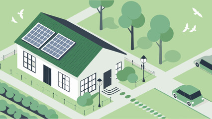 Isometric illustration of a house with solar panels and a green roof in a suburban neighborhood