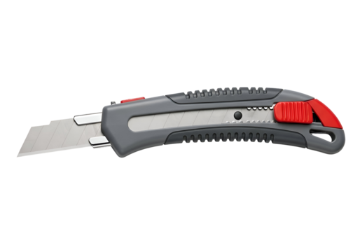 Gray and red utility knife in profile.