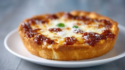 Delicious deep dish pizza topped with cheese and vibrant green peppers sitting on a table