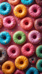 A vibrant pattern of colorful donuts with sprinkles