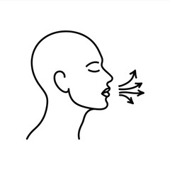 Simple line art illustration of a person exhaling with arrows representing breath