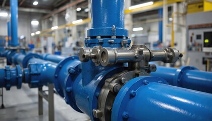 Fototapeta premium Close-up of industrial blue pipes and couplings in a factory setting. Silver hexagonal nozzle on top of blue pipe. Gray pipe with silver circular nozzle attached. Various colored pipes in background.
