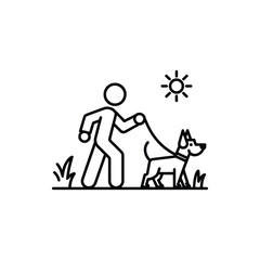 Stylized line art icon of person walking a dog outdoors on a sunny day