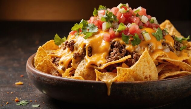 Golden-brown tortilla shell filled with succulent meat, melted cheese, served with red onions, green peppers, tomatoes on white plate. Dark wooden table background, vibrant colors, hearty Mexican - Powered by Adobe