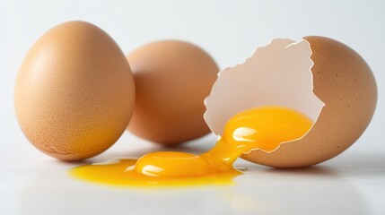 Cracked egg on white surface, golden yolk flowing, with two whole eggs nearby