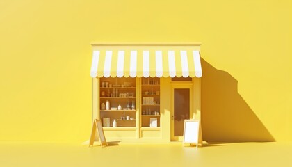 Yellow storefront with striped awning, shelves, small easel sign, shop, store, retail, business, small, bright, cheerful, vibrant, colours, modern, simple, design, minimal, commerce, market, sale,