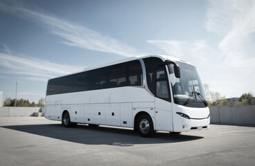 Sleek white tour bus with black roof and two doors parked on gray concrete surface. Vehicle positioned facing right with sky in background. Isolated transportation in parking lot.
