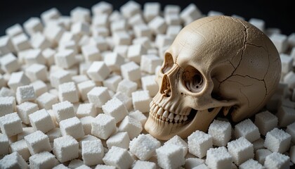 A Skull Rests Atop a Pile of White Sugar Cubes