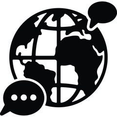 A black and white vector graphic of a globe with speech bubbles indicating global communication concept silhouette