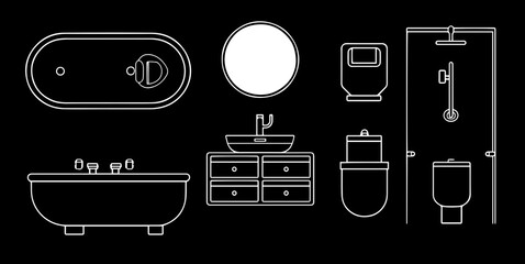 Bathroom furniture. Architectural icons set of  Bath, shell, toilet, urinal, shower. Outline icons. Simple plan collection, for design interior and architectural project