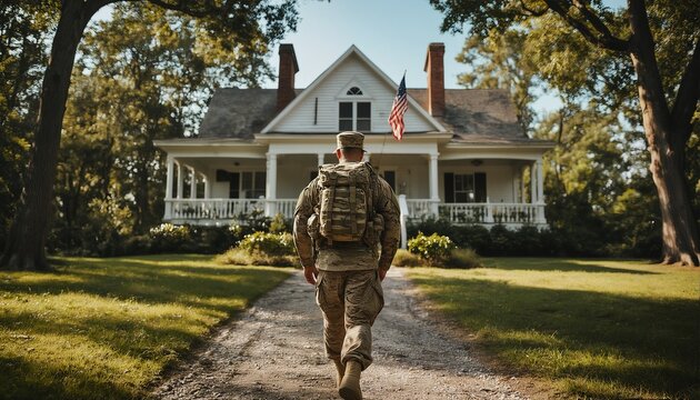 a soldier walks down a long driveway toward a classic american farmhouse with an american flag proudly displayed. - Powered by Adobe