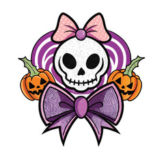 Cute halloween skull with pumpkins and bows illustration