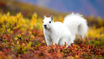 Fototapeta premium White squirrel in colorful autumn foliage