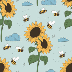 Bees and Sunflowers &ndash; Cartoon Style Seamless Pattern
Seamless Cartoon Sunflower and Bee Pattern &ndash; Cute Summer Garden Vector Design