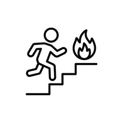 Person running up stairs towards a fire escape route symbol