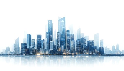 Obraz premium City skyline with tall buildings in white and blue colors. Calm water reflects architecture in metropolis with skyscrapers. Buildings rise in different heights creating dynamic motion.