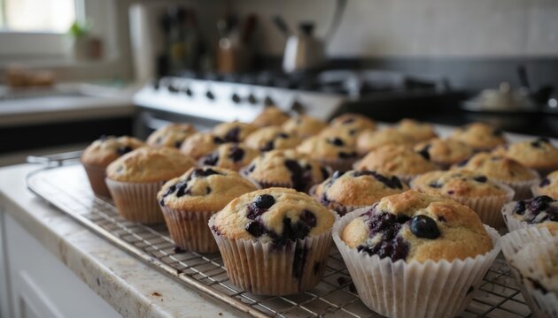 Golden-brown muffins with blueberries on countertop. Rows of sweet treats. Stove and sink in background, suggesting fresh baked goods. 2x3 grid pattern.