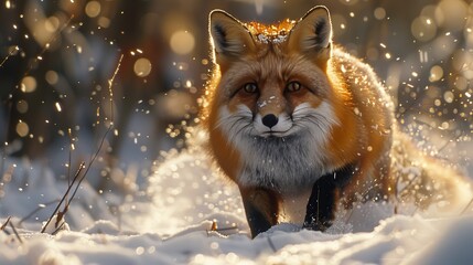 Fototapeta premium A captivating scene of a red fox hunting in a snow-covered forest, its intense focus and the pristine environment rendered with striking, realistic detail