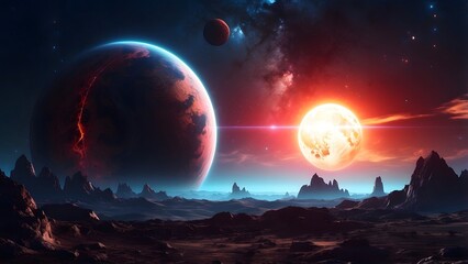 A mysterious planet with glowing rings and a shadowy moon. Cinematic theme, HDR, Vibrant