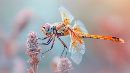 A close-up of a dragonfly alighted on a reed, its delicate wings and body details shown against a softly blurred background.