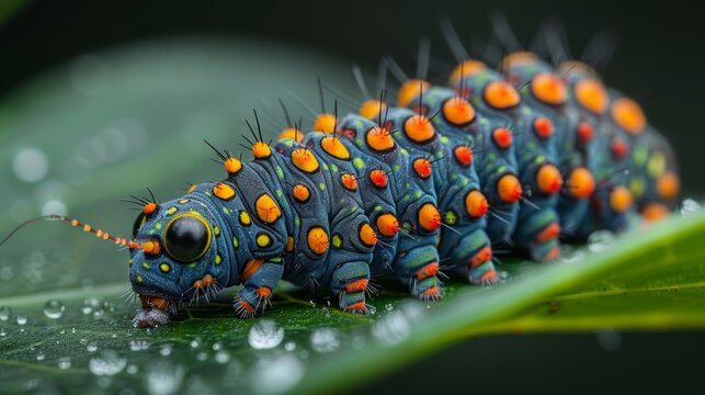 A close-up of a caterpillar on a leaf, its vibrant patterns and the tiny hairs on its body shown in exquisite detail. - Powered by Adobe