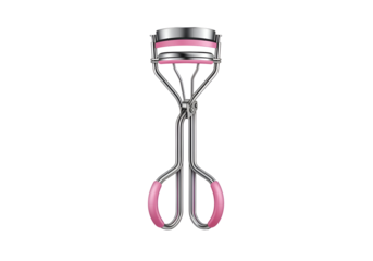 Pink-handled eyelash curler against a black background.