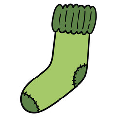 Hand-drawn cartoon green warm sock on a white background.