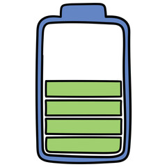 Hand-drawn cartoon half charged battery on a white background.