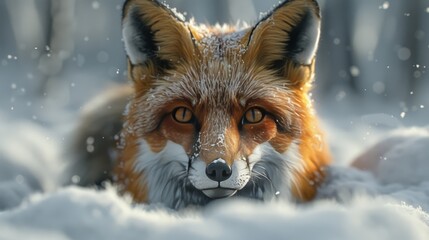 Obraz premium A curious fox peeking through a blanket of snow, its bright eyes and fluffy tail rendered with sharp, lifelike detail against the serene, white landscape