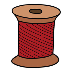 Hand-drawn cartoon wooden spool of red thread on a white background.