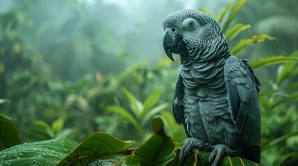 Obraz premium A dramatic scene of an African Grey parrot perched solemnly in a rainforest, its detailed plumage and thoughtful expression captured in the mist.