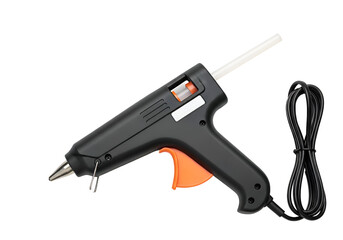 Close-up of a black glue gun with orange trigger.