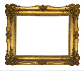 Old antique carved gold frame with transparent background, png image. 