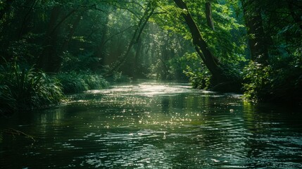 Obraz premium A gentle river meandering through a dense, verdant forest, sunlight streaming through the leaves, casting dappled shadows on the water, a sense of serenity and the gentle flow of life, Photography, sh