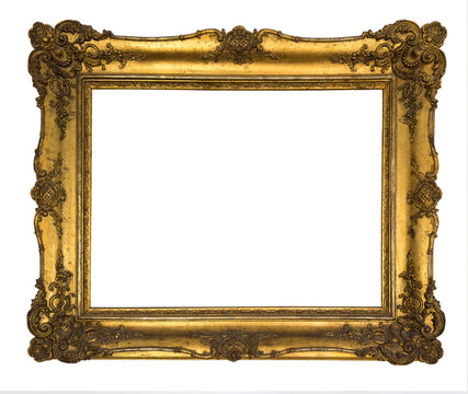 Old antique carved gold frame with transparent background, png image. 