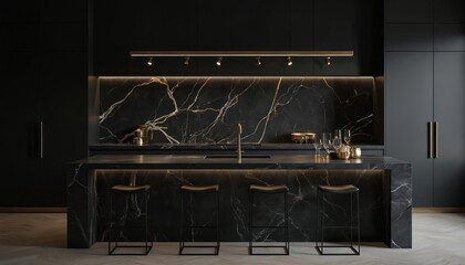 Modern kitchen interior features dark marble countertop, sleek black sink, and double cabinet with gold handles. Luxurious space with clean design, gray floor, and rich dark colors.