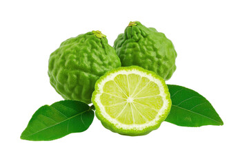 fresh bergamot fruits with leaves on transparent background.