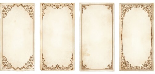 Vintage ornate frames with ornate gold details. Four blank frames of varying sizes, arranged linearly. Gold frame accents, decorative designs, elegant templates. Perfect for digital art, graphic