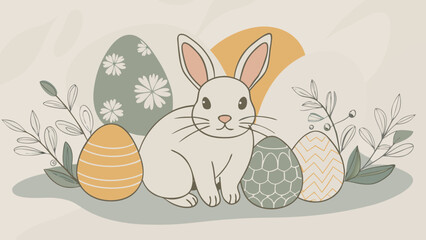 A charming easter scene featuring a white bunny surrounded by decorated easter eggs and floral elements