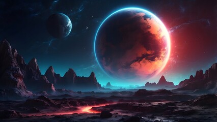 A mysterious planet with glowing rings and a shadowy moon. Cinematic theme, HDR, Vibrant